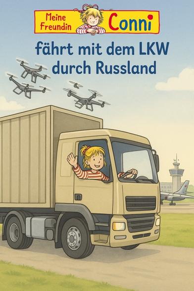 Illustration of a girl with blonde hair and red stripes, waving from the driver's seat of a beige truck. Drones are flying in the sky, and an airport control tower is visible in the background. The title reads "Meine Freundin Conni fährt mit dem LKW nach Ruzzland
