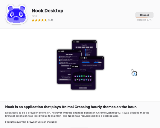Nook Desktop app on Flathub: "Nook is an applicaiton that plays Animal Crossing hourly themes on the hour."