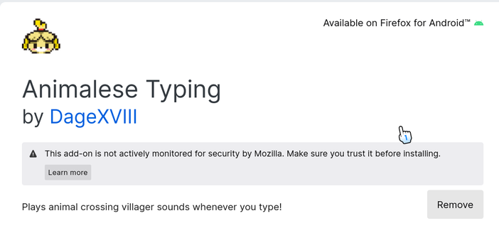 Animalese Typing Firefox extension: "Plays animal crossing villager sounds whenever you type!"
