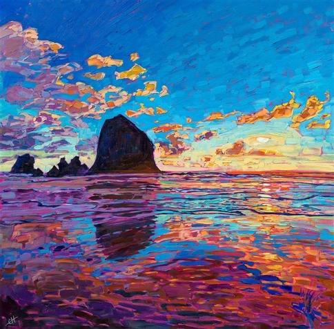 Painting of a sunset with golden and blue sky over a beach with reflections on wet sand and rocky outcrops