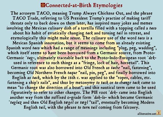 The PIE root *dek- came into English another way from the suffixed o-grade form *dok-lo- which became Germanic *taglaz and then Old English tægel or tægl “tail”, eventually becoming Modern English tail, with the phrase to turn tail coming from falconry.