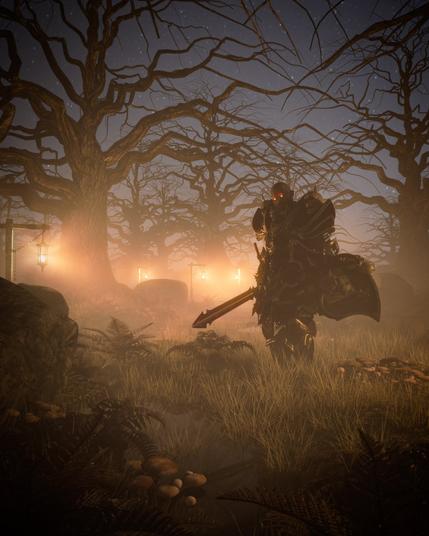 A fearsome warrior stands in a dim, misty forest clearing under a starry sky. The twisted, leafless trees around him stretch their branches like skeletal arms, creating a sense of haunting stillness. The figure is tall and muscular, wearing dark, heavy armor with ornate, jagged details. His head is bare, revealing a pale face with glowing red eyes that pierce through the gloom. He holds a massive sword in one hand and a large, curved shield in the other, both worn and battle-scarred. Soft, golden lanterns on posts line a faint path behind him, casting a warm glow into the fog. The forest floor is dense with grass, ferns, and clusters of mushrooms, adding texture to the eerie setting. The overall mood is ominous and foreboding, as if the warrior is guarding a cursed path or awaiting a challenger in the heart of an ancient, haunted wood.