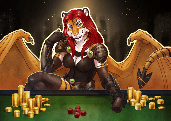 a fortunate and lucky gambling tigerdragon lady, she is wearing her leather brown outfit sitting and a green gambling table, having the ods stacked in her favour in her favorite game of dice