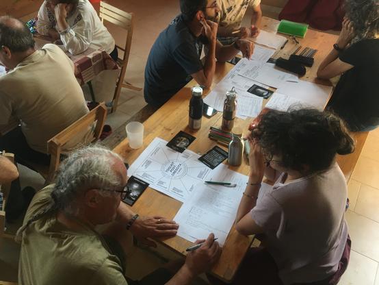 The picture shows some of the participants while doing the activity. They're sitting at a long table with the papers and cards of the post-growth toolkit.