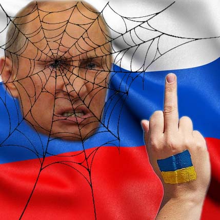 Hintergrund Russlandfahne. Oben links in der Ecke das vor Wut verzerrte Gesicht von Putin, darüber ein schwarzes Spinnennetz. Rechts unten eine hoch gehaltene Hand mit ausgestrecktem Mittelfinger, auf dem Handrücken die ukrainische Fahne gemalt ❗