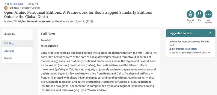 Screenshot of a paper originally published in Digital Humanities Quarterly as pirated by ProQuest displaying bibliographic information in a horizontal bar on the top and the content with some paratext in vertical columns. The image shows that ProQuest does not provide a link to the original and violates the CC BY-ND license by producing a derivative.