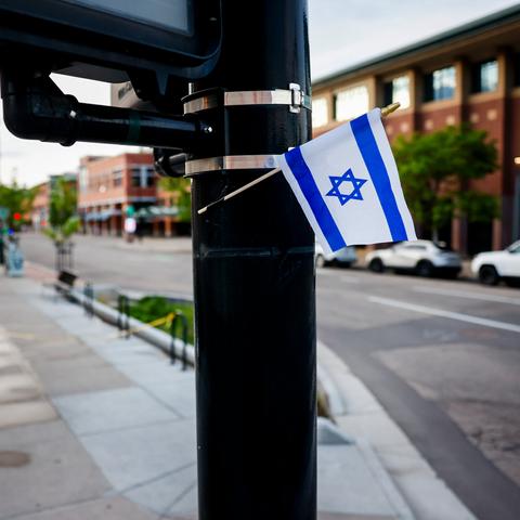 An Israeli flag near the scene of the attack in Boulder, Colo., on Sunday.