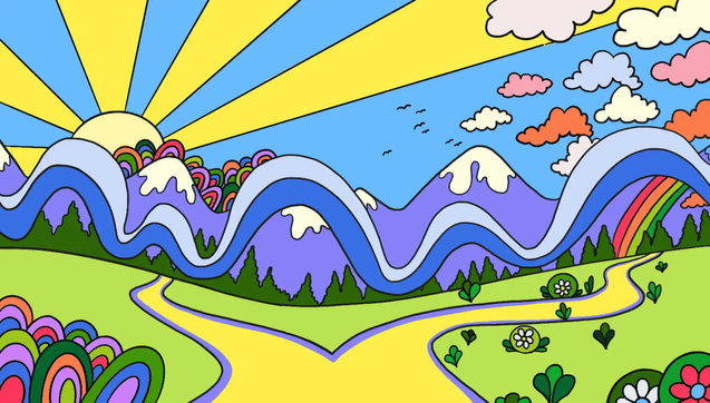 Highly colourful cartoon on a road with some mountains and flowers