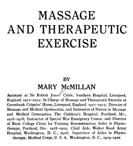 title page of "Massage and Therapeutic Exercise" by Mary McMillan (a paragraph of her qualificaitons follows)