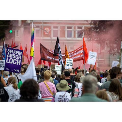 Bild von der Demo aus der Demo herraus gesehen. ein roter Rauchtopf wurde gezündet. Mehrere Fahnen und ein Hochtranspi sind zu sehen
