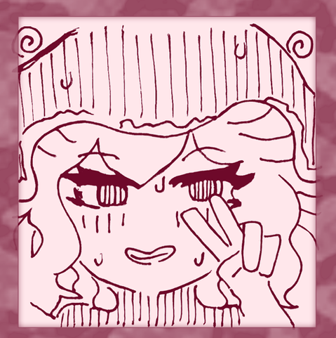 An ink drawing of a Wavy Cap holding a peace sign up to her face.