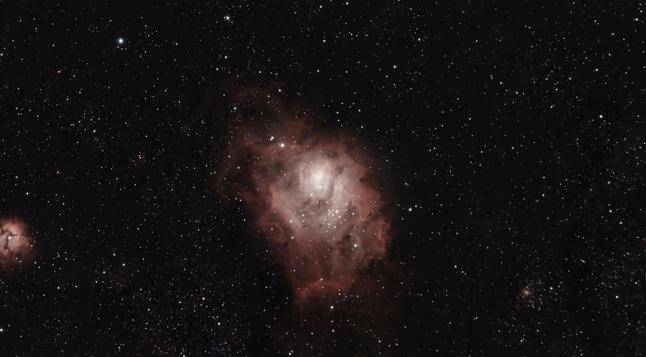Astro photograph of the lagoon nebula. Taken on a Dwarf3. A 10 minute exposure. A ‘bulbous cloud’ of gas in a sea of stars.