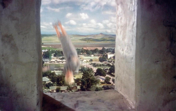 A scene from Vertigo (1958): a woman believed to be Madeleine Elster plummets to her death from a tower