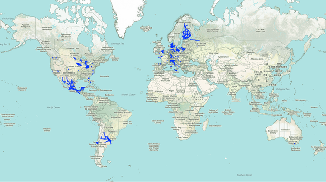 Cumulative world map of everything in OpenHistoricalMap regardless of time period, highlighting railroad tracks modified in May 2025. The rail networks of Mexico, Finland, and Argentina stand out in their entirety, and to a lesser extent in various parts of Europe.