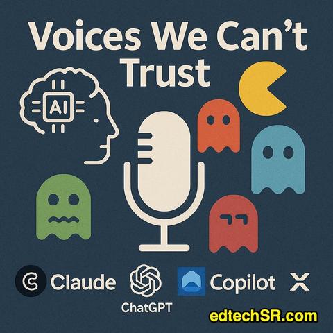 A digital cover image for the EdTech Situation Room podcast episode titled "Voices We Can’t Trust." The title appears in bold, off-white letters at the top. Below it is a cream-colored microphone surrounded by colorful Pac-Man-style ghost icons and a yellow Pac-Man figure. To the left is an AI chip embedded in a brain outline. At the bottom, logos for Claude, ChatGPT, Copilot by Microsoft, and Grok by X are displayed. The background is dark blue, and the URL “edtechSR.com” appears in bold yellow text at the bottom right.