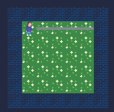 A blue background with a walled texture tile, with grass inner tiles. A player stands in the top left corner and a "chain" extending to the right from the player.