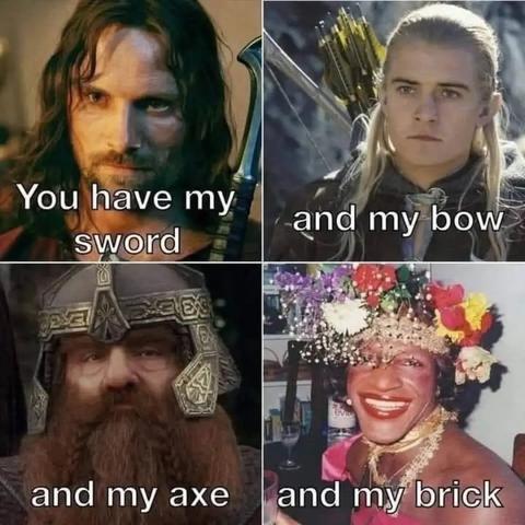 Lotr meme.
Aragorn :You have my sword.
Legolas: And my bow
Gimli: And my axe
Marsha P Johnson: And my brick.