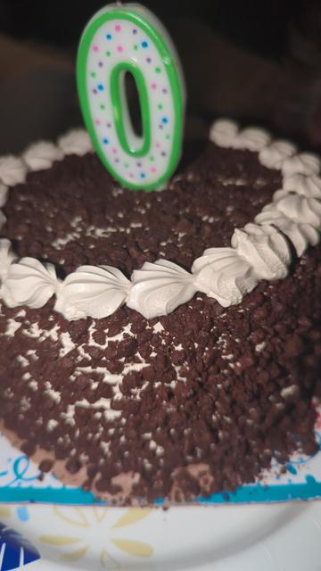 Birthday cake with a candle that depicts the number 0
