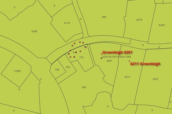 QGis screen of property lines with red circles in almost a circle around 710. Yellow and black layer.