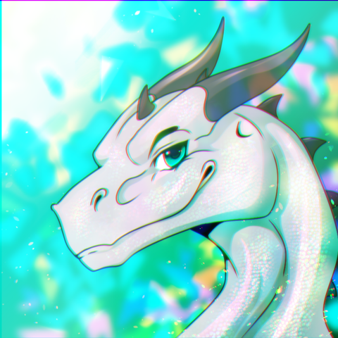 A stylized headshot-style icon portrait of me! It depicts an opalescent white dragon with black horns and turquoise eyes looking at the viewer with a smirk. I'm in front of a mottled blue-green background with bits of yellow and red mixed in, with a bright white spot in the upper left, and a slight color fringing filter is applied to the entire picture.