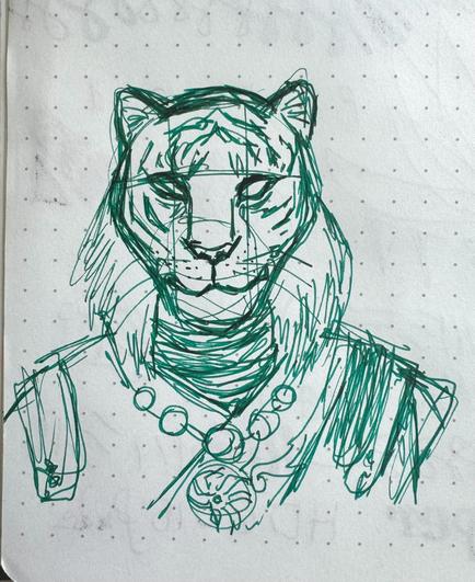 sketch in green ink on dot grid paper. it’s a quick practise from reference of elder scrolls online character zerith-var, an older khajiit (feline anthro) guy, reminiscent of a white tiger with big fluffy sideburns. he’s wearing his casual clothes, a dark vest with high collar and a beaded necklace. proportions aren’t quite right but they aren’t too far off either (i hope??)