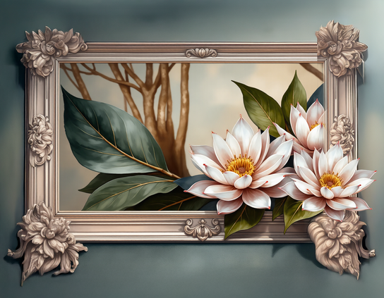 An ornate frame on a soft teal wall, containing flowers that are similar to both lotus and magnolia, with many beige-pink petals, yellow centers, and large glossy green leaves, against a background of a blurred tree and a pale summer sky. The flowers themselves are spilling from the frame into the world outside.