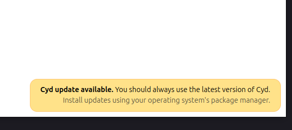 Cyd update available. You should always use the latest version of Cyd. Install updates using your operating system's package manager.