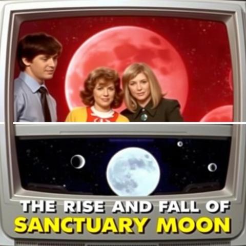 Image with seed 1890599620 generated via Stable Diffusion through @stablehorde@sigmoid.social. Prompt: a still image of the space opera television drama "The Rise and Fall of Sanctuary Moon", science fiction, tv series, camp, cheesy, colourful