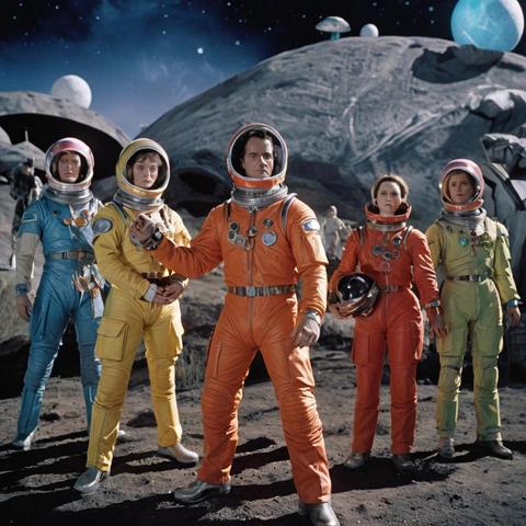 Image with seed 227714619 generated via Stable Diffusion through @stablehorde@sigmoid.social. Prompt: a still image of the space opera television drama "The Rise and Fall of Sanctuary Moon", science fiction, tv series, camp, cheesy, colourful