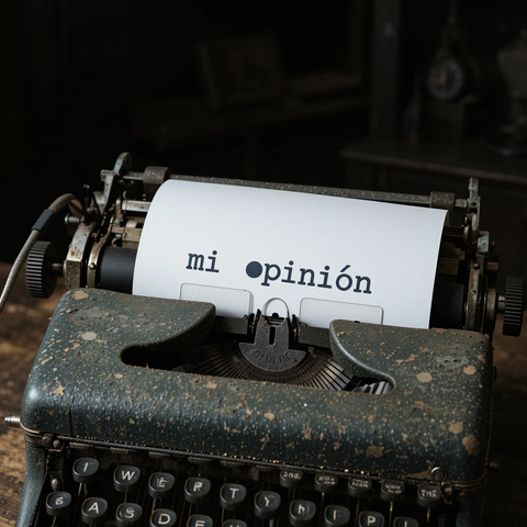 Máquina de escribir vintage con un papel que dice 'mi opinión'.