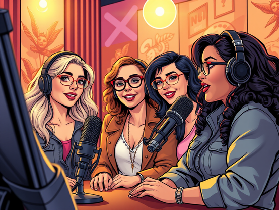 Cuatro mujeres sentadas en un estudio de grabación con micrófonos, sonriendo y conversando entre ellas.