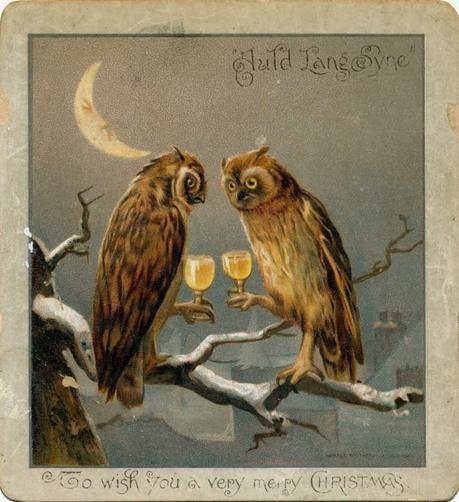 Illustration of owls on a branch toasting glasses, with a frowny crescent moon behind.

Text: Auld Lang Syne

Text under image: To wish you a very merry Christmas