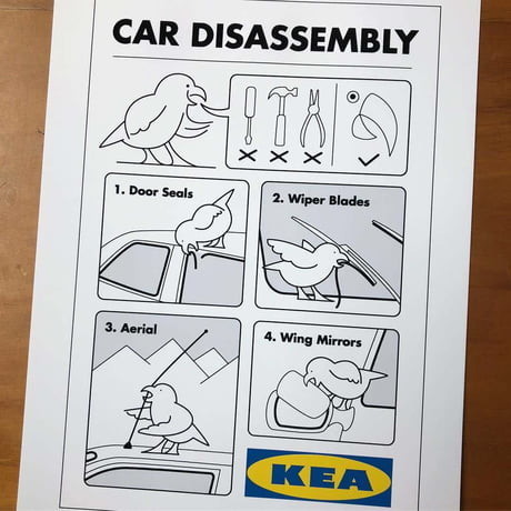 An IKEA-styled multi-step instruction guide for "Car Disassembly" except that instead of IKEA, it's just KEA, and an kea bird (NZ alpine parrot) shows how to remove parts of a car with just its beak.