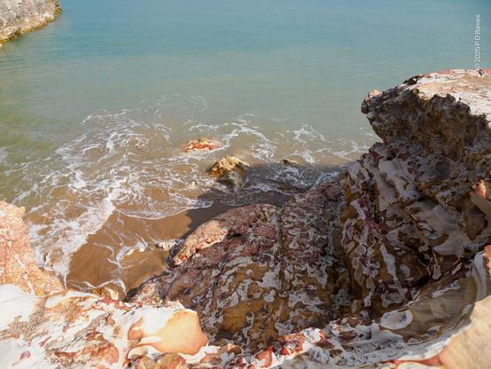 Looking down over the edge of a heavily eroded rocky cliff at Nightcliff bay. Erosion and exposure have produced highly contrasting areas of red, white, and brown, as well as a gently convoluted surface. Below the cliff a gentle  tide washes around on sand below the bottom off the exposed cliff. Further out, the water is a turbid aqua.