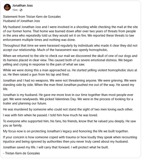 Statement from Tristan Kern de Gonzales on the murder of his husband, Jonathan Joss, voice actor for John Redcorn from King of the Hill.