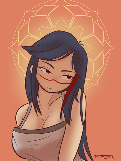 Colored digital illustration of a beautiful woman with dark hair and red eyes on an orange background. She is tilting her head and looking flirtatiously to the side. She has a red line across her face and a red highlight. She is wearing a gray top. A pattern of light behind her head forms an abstract flower.