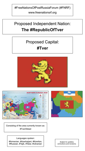 Information, flag, and maps showing proposed independent nation of The Republic Of Tver (from the website of the Free Nations of Post-Russia Forum).