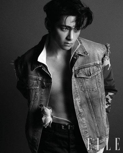 V of BTS styled with Elvis hair. He is looking to the side, slightly frowning, wearing a denim jacket with camouflage sleeves, unbuttoned all the way to show him not wearing a shirt underneath. There is a flower tucked into the waistband of his black pants.