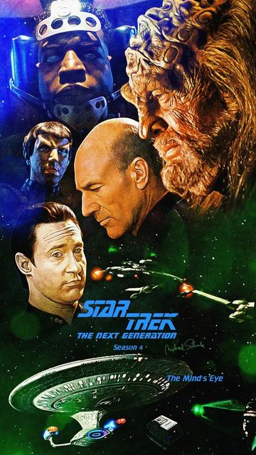 A creepy fan poster for the Star Trek The Next Generation episode The Mind's Eye, featuring Geordi strapped into some sort of machine, along with the faces of members of the Enterprise crew.