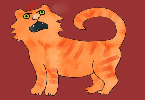 Schnelle digitale Zeichnung: Tiger mit kurzen Beinen. Guckt wütend.