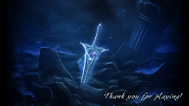ending screen

A shining sword stuck deep in the ground among ruins.

To the corner, a message in cursive letters: "Thank you for playing"