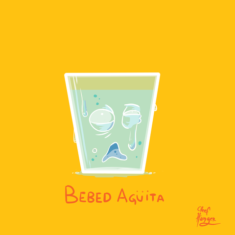 Glass of water with drops in the crystal and a horrofied face that says Drink Water