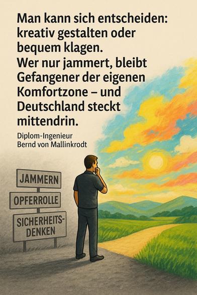 Ein Mann steht am Scheideweg: Links verblasst ein grauer Pfad mit Schildern wie „Jammern“, „Opferrolle“ und „Sicherheitsdenken“ – Sinnbilder eines geistigen Rückzugs in der Komfortzone. Rechts öffnet sich ein farbenfroher Weg voller Licht, der für Kreativität, Verantwortung und Zukunftsmut steht. Doch der Mann zögert. Jahrzehntelange Bildungsversäumnisse haben ihn seiner geistigen Werkzeuge beraubt. Made in Germany hat sich selbst entmündigt – durch ein defizitäres Schulsystem, das Denken durch Funktionieren ersetzt hat. Heute fehlt der Masse das elementare Wissen, um komplexe Zeiten zu gestalten. Statt mutig zu handeln, bleibt nur das kollektive Jammern. Die Frage steht im Raum: Ist Deutschland zu dumm für die Zukunft?

⸻

🖼️ Image Description (English):

A man stands at a crossroads: to the left, a fading grey path marked by signs like “Complaining”, “Victim Role”, and “Safety Thinking” – symbols of mental retreat into comfort. To the right, a vivid path opens up, radiating creativity, responsibility, and courage for the future. But the man hesitates. Decades of educational failure have left the mainstream intellectually disarmed. Made in Germany has unlearned how to think – replacing thought with obedience. Now, the public lacks the basic knowledge to shape complex times. What remains is collective whining. The pressing question: Is Germany too stupid for the future?🖖