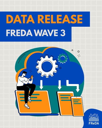 Illustration announcing "Data Release – FReDA Wave 3". A person sits on a large laptop holding a smartphone. Gears and arrows above symbolize data flow to other devices like tablets and documents. The FReDA logo appears in the bottom right corner.