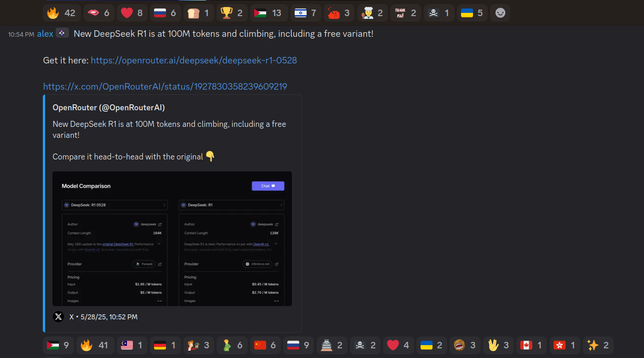 A screenshot from Discord showing a news (via X) from an AI project, with emoji flags of many countries underneath it and on the post above, mixed in with other random emojis.