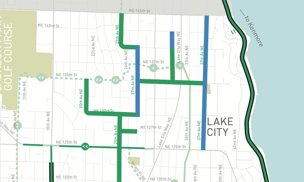 a section of Seattle 2025-26 with mixed "neighbourhood greeways" and "healthy streets" in blue and green of very very similar colour intensity.
