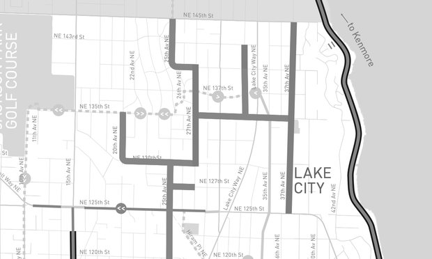 the exact same section reduced to monochrome with the two different types of bike-safer streets merging into very nearly the same grey.