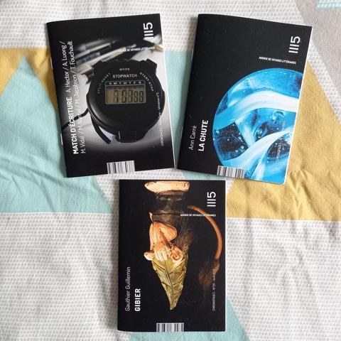 3 livres de la collection Chronopages : Match d'écriture (le hors-série de l'année), avec une couverture montrant une montre-chronomètre, Gibier de Gauthier Guillemin avec une petite figure de nain à l'envers sur la couverture et enfin La chute d'Ann Carré, avec une bille bleue en gros plan comme illustration