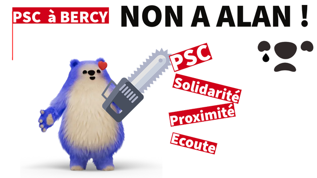 Petit ours bleu avec tronçonneuse qui détruit les mots Solidarité, Proximité, Écoute