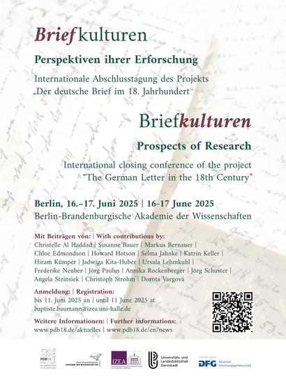 Poster, das für die Tagung "Briefkulturen - Perspektiven ihrer Erforschung" wirbt. Vollständiges Programm unter https://www.pdb18.de/aktuelles/tagung-briefkulturen/